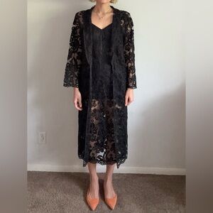 Black Lace Midi Dress with robe/Size M-L